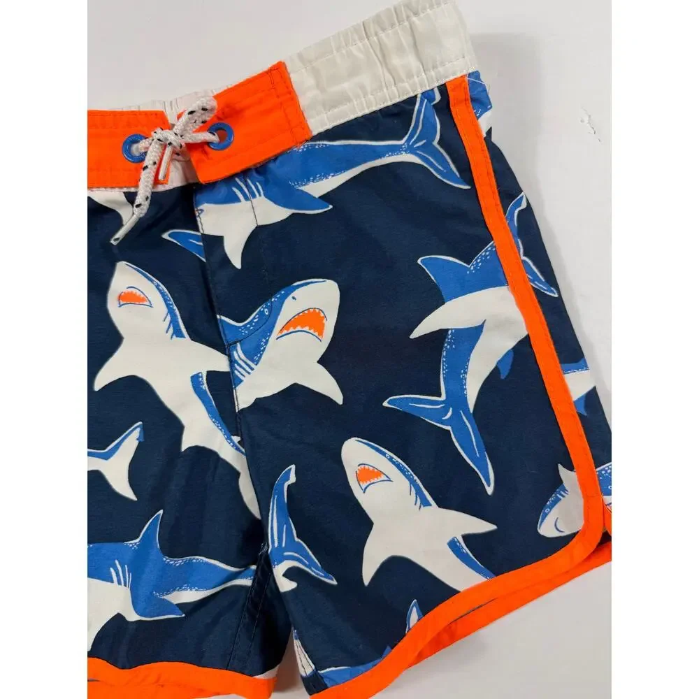 Mini Boden Shark Rash Guard Swim Trunks Set Orange Blue Size 6-7 year boys